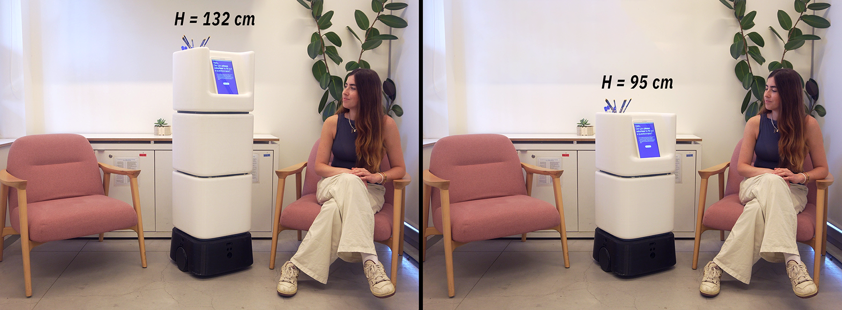 MORPHY robot at two heights: 132 cm (Tall) on the left, 95 cm (Short) on the right, with a seated participant