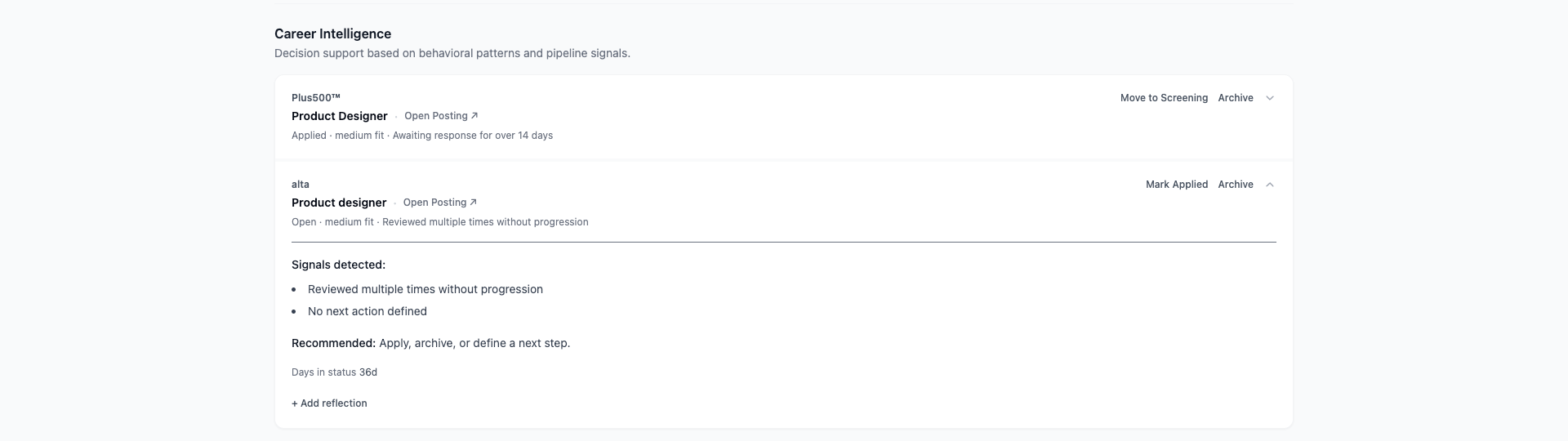 Career Intelligence: behavioral signals detected per opportunity, with a recommended next action